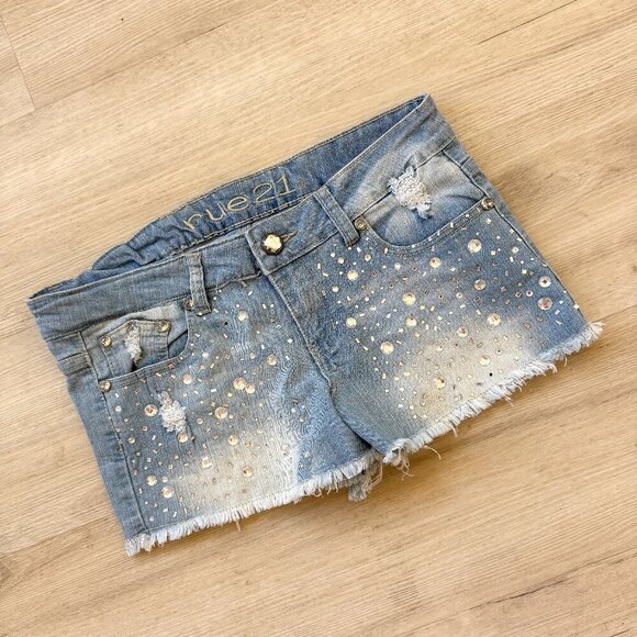 Rue 21 Y2K Denim Shorts Mini Rhinestone Embellishment Raw Hem Juniors 5 - Picture 1 of 8